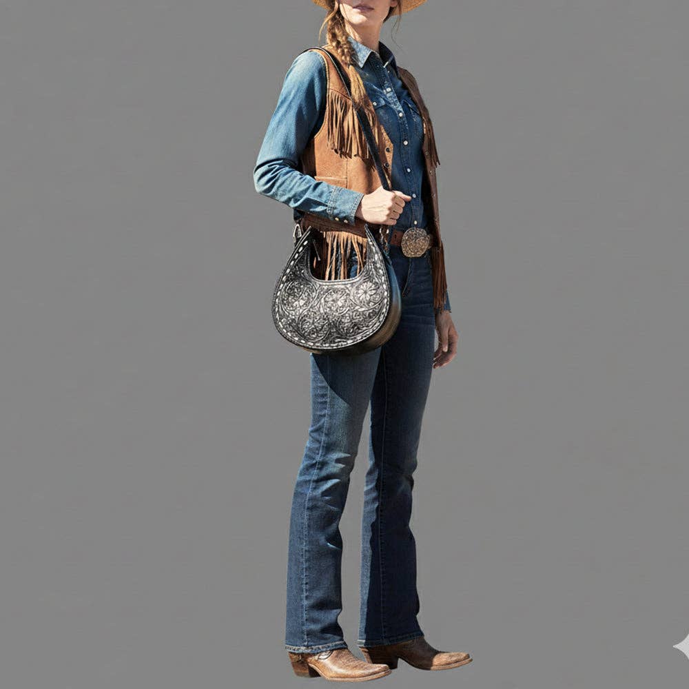 Black Half-Moon Hand-Tooled Leather Crossbody Bag - American Darling