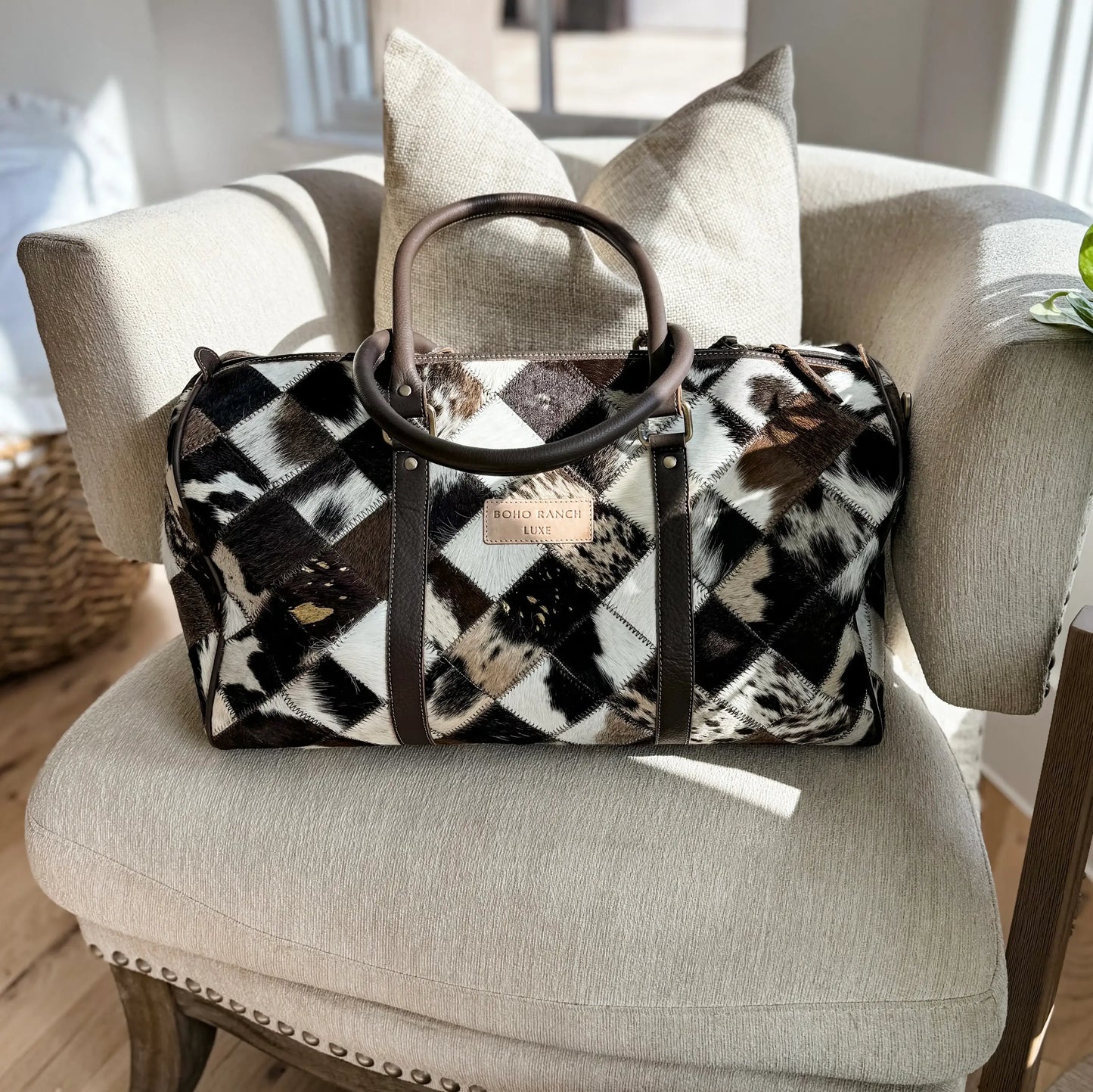 Boho Ranch Shop - BOHO LUXE DUFFLE Weekender Leather HairOn Cowhide Travel Bag - Brown +White Cowhide