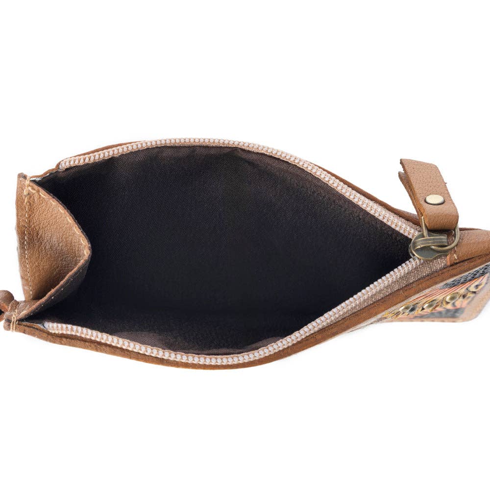 Myra Bag - Hand Hewn Western Card Holder for Women in Light Brown with handtooled detail - Brown & White