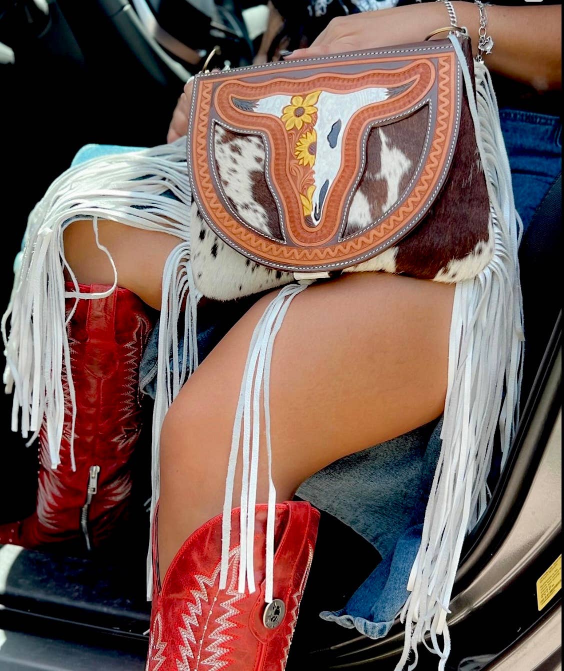 Boho Ranch Shop - THE CAROLINE CROSSBODY steer longhorn - cowhide purse bag - PINK FLOWER