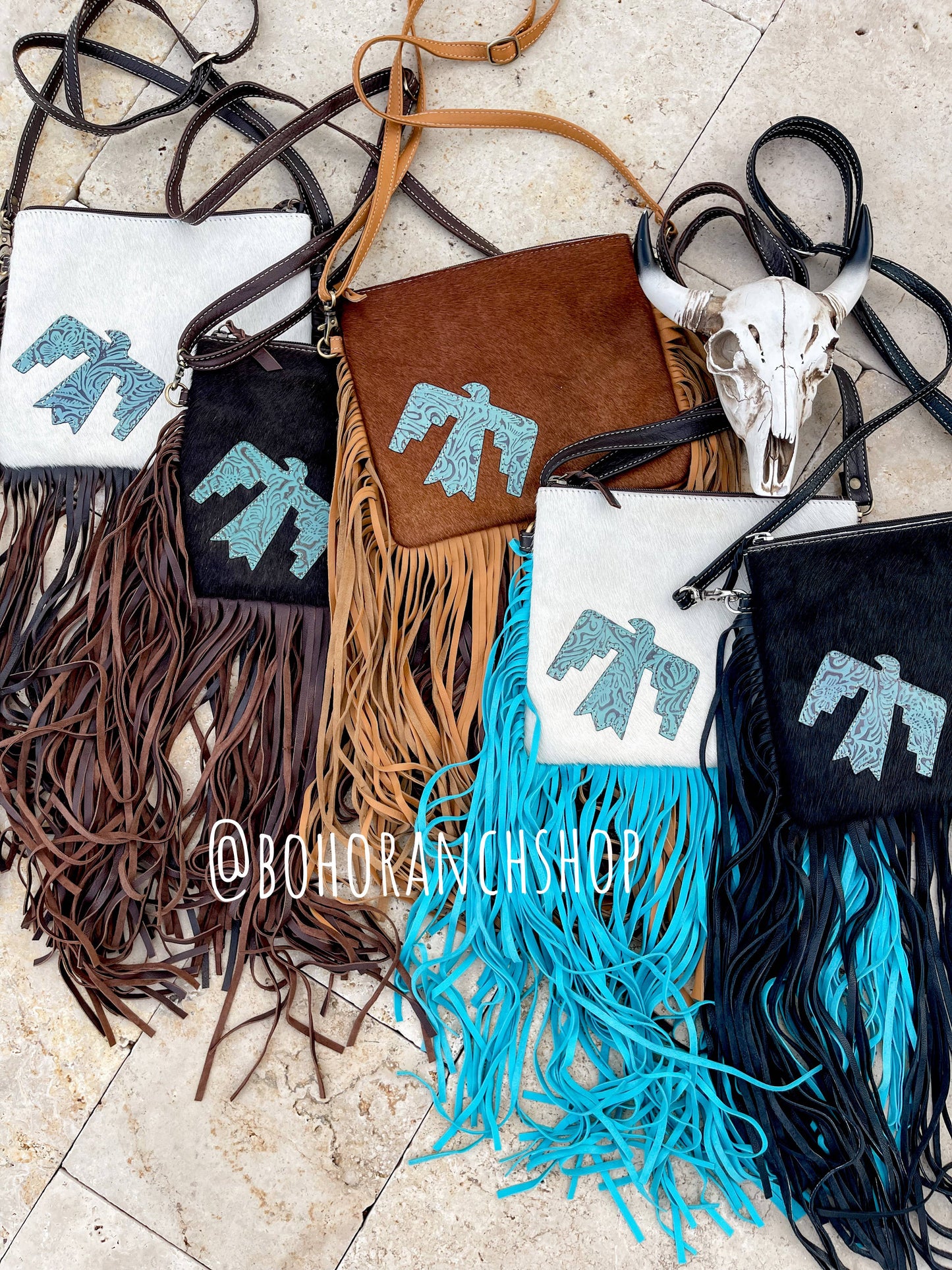 Boho Ranch Shop - THUNDERBIRD COWHIDE CROSSBODY tooled Leather Cowhide Clutch - TAN COWHIDE