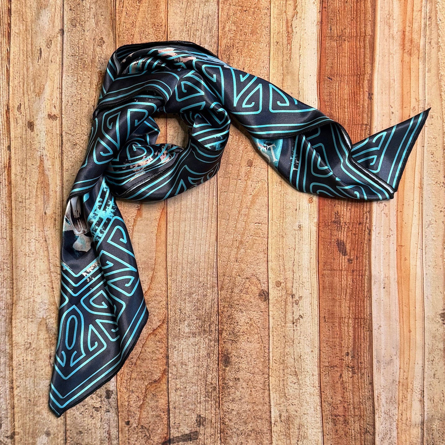 WESTERN LONGHORN PRINT SILK CARF 36X36 - Black/Turquoise