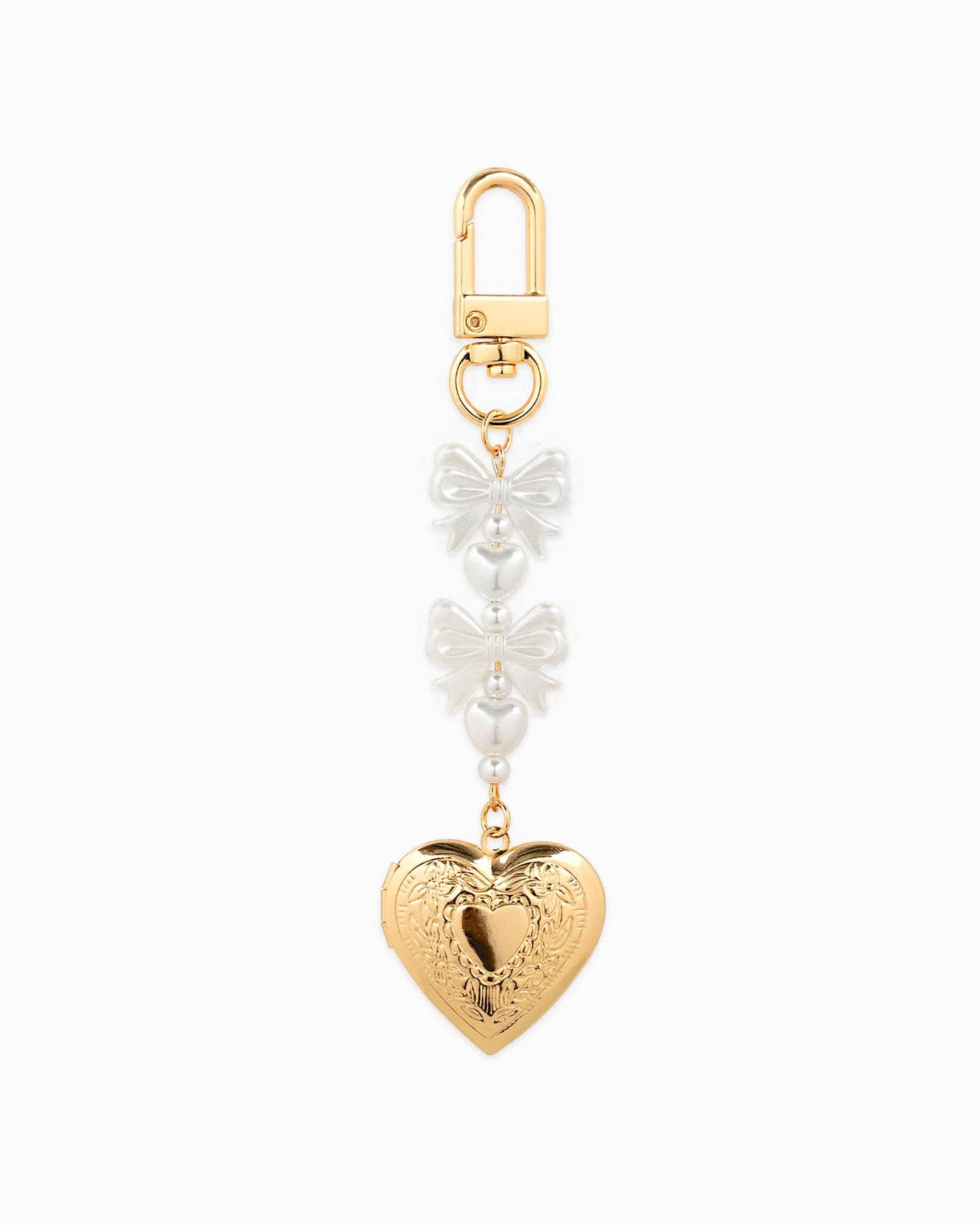 Sessori - Bow Pearl Heart Locket Bag Charm - Gold