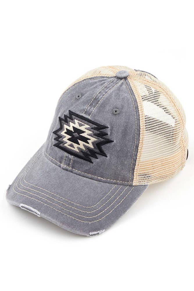 Hana - C.C Aztec Patch Embroidery Mesh Pony Cap - Black