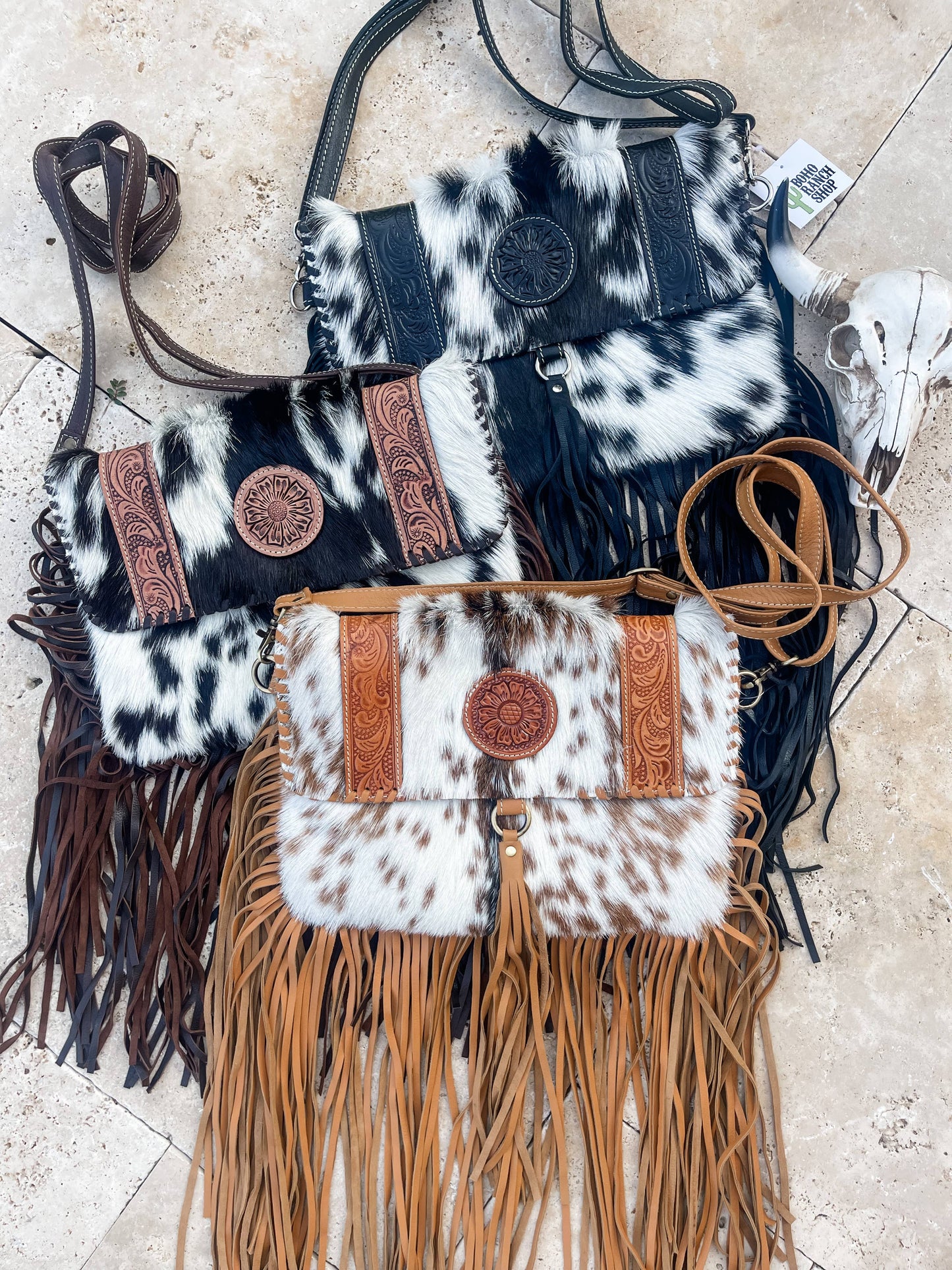 Boho Ranch Shop - THE REGINA CROSSBODY cowhide purse bag - BLACK LEATHER