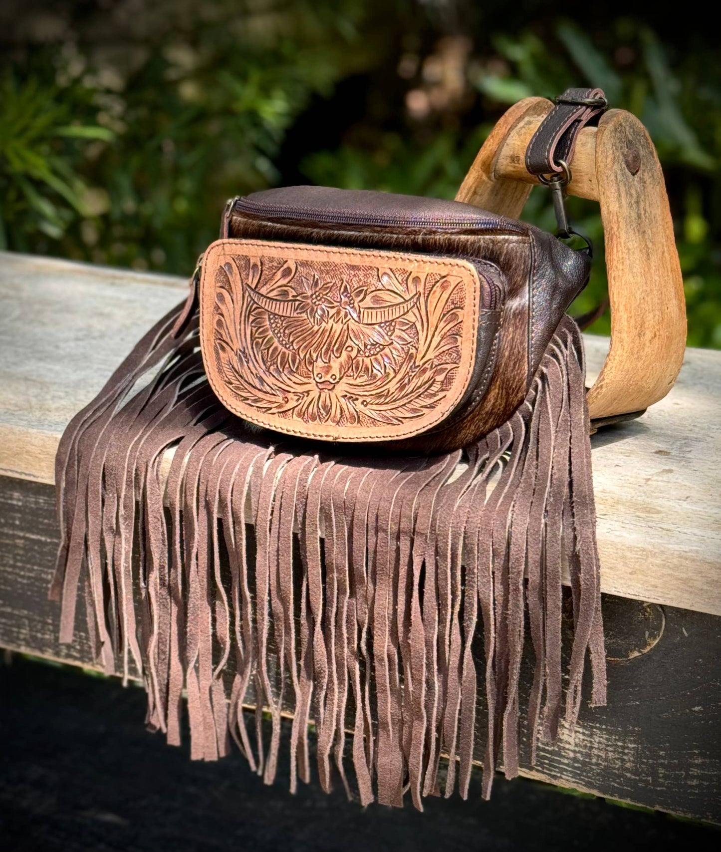 Southern Junkie Gypsy Boutique - Cowhide Leather Fanny Pack Sling Bag Highland Cow Western