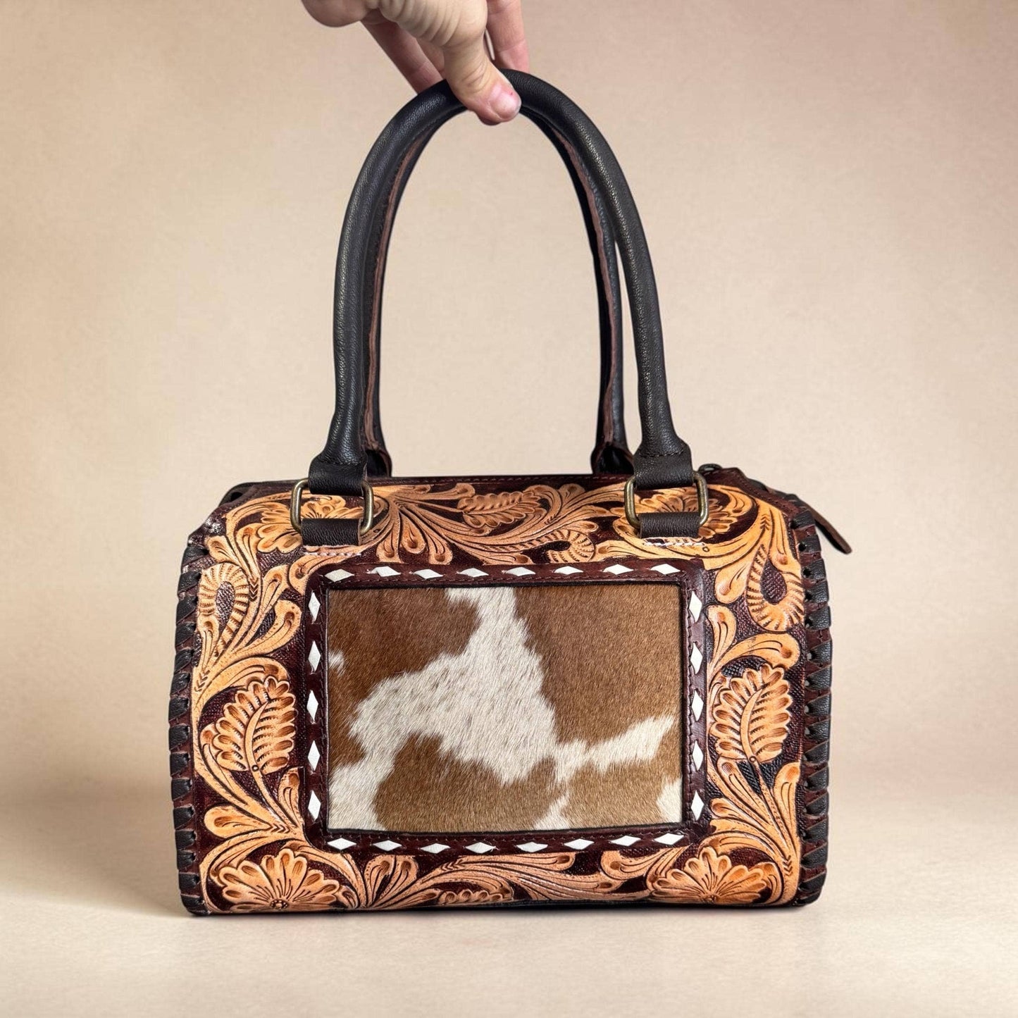 Genuine Western Leather Speedy Barrel Bag with Cowhide and Tooled leather