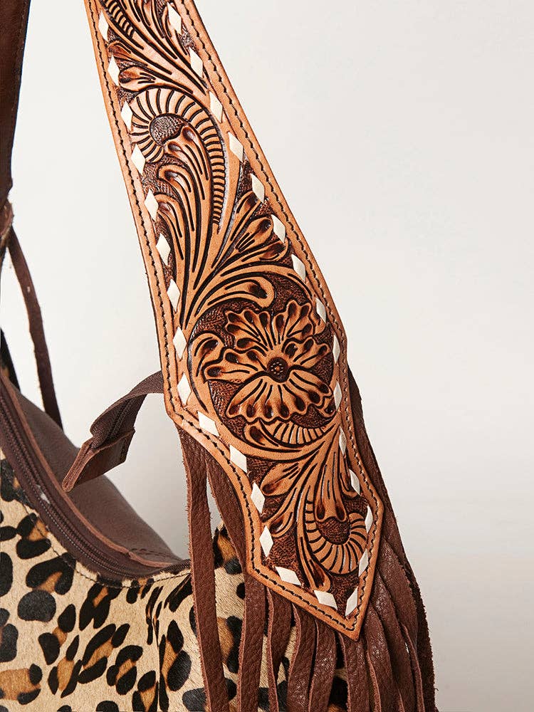 LS Western - ADBGA214 American Darling Cowhide & Tooled Leather Fringe Hobo Shoulder Handbag - ADBGA214C