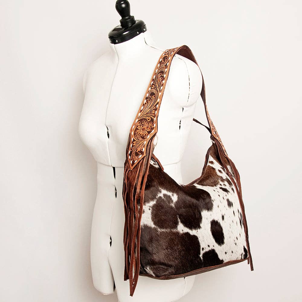 LS Western - ADBGA214 American Darling Cowhide & Tooled Leather Fringe Hobo Shoulder Handbag - ADBGA214C