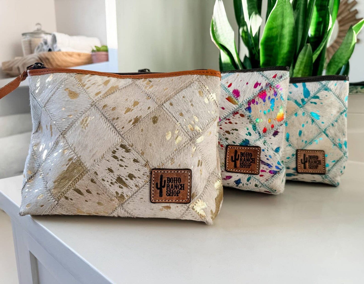 Boho Ranch Shop - Checkered Western Cowhide Makeup Bag Travel - BROWN + TURQUOISE