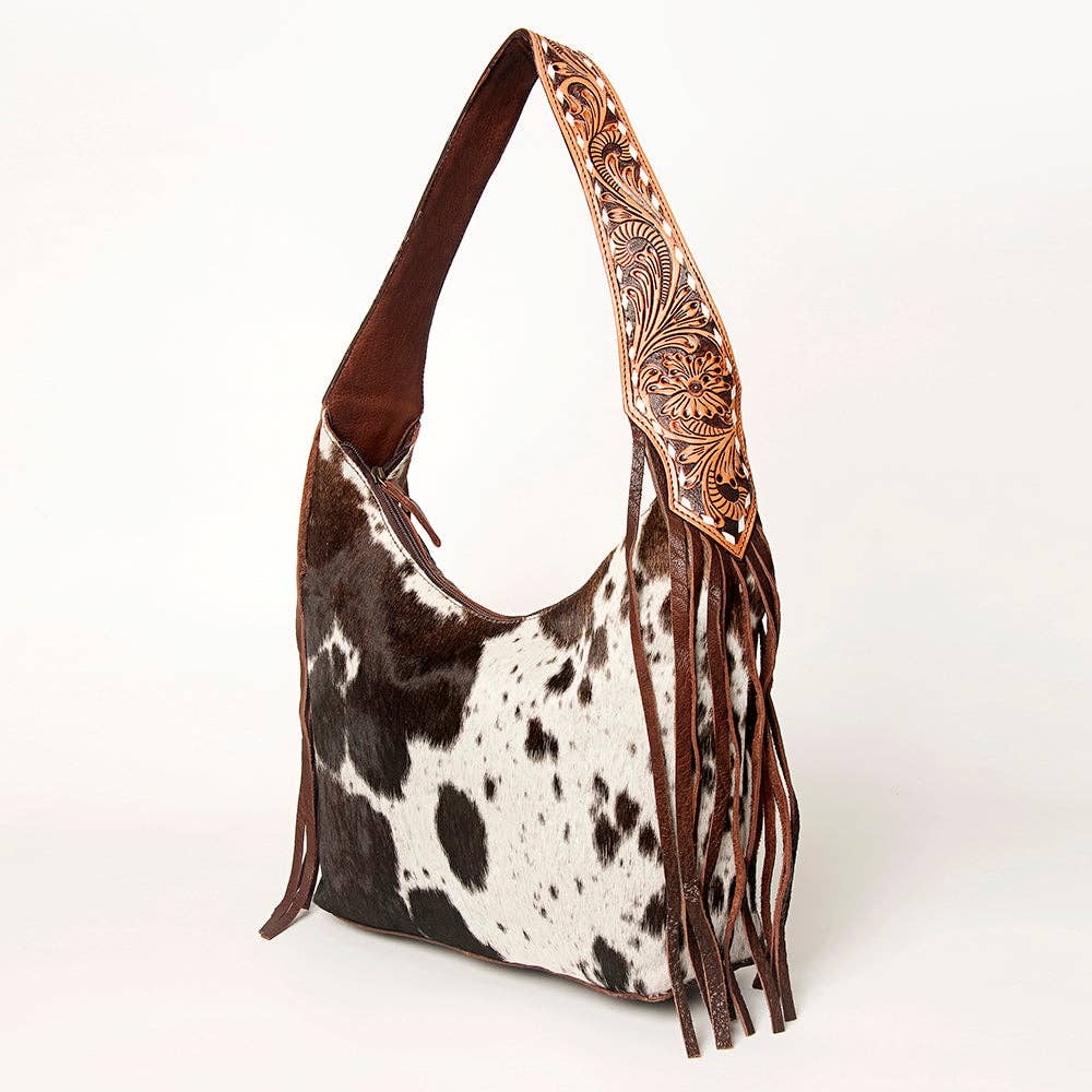 LS Western - ADBGA214 American Darling Cowhide & Tooled Leather Fringe Hobo Shoulder Handbag - ADBGA214C