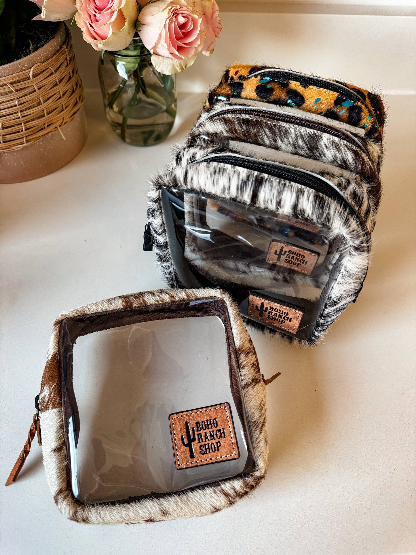 Boho Ranch Shop - Cowhide Cosmetic Clear Case - Toiletry Makeup Travel Bag - LEOPARD + RAINBOW SPECS