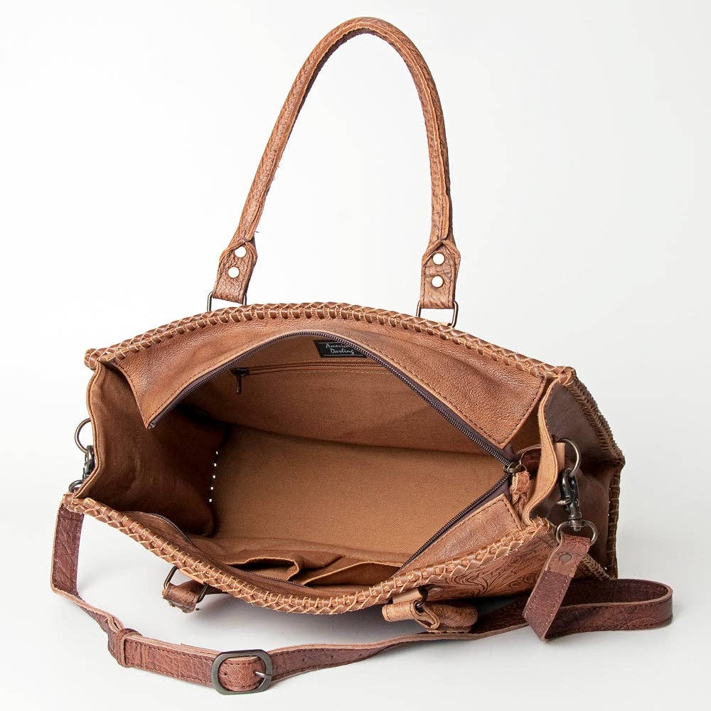 ADBG235 American Darling Western Leather Tote Bag - Hand Tooled Floral Carved Braided Purse - ADBG235J