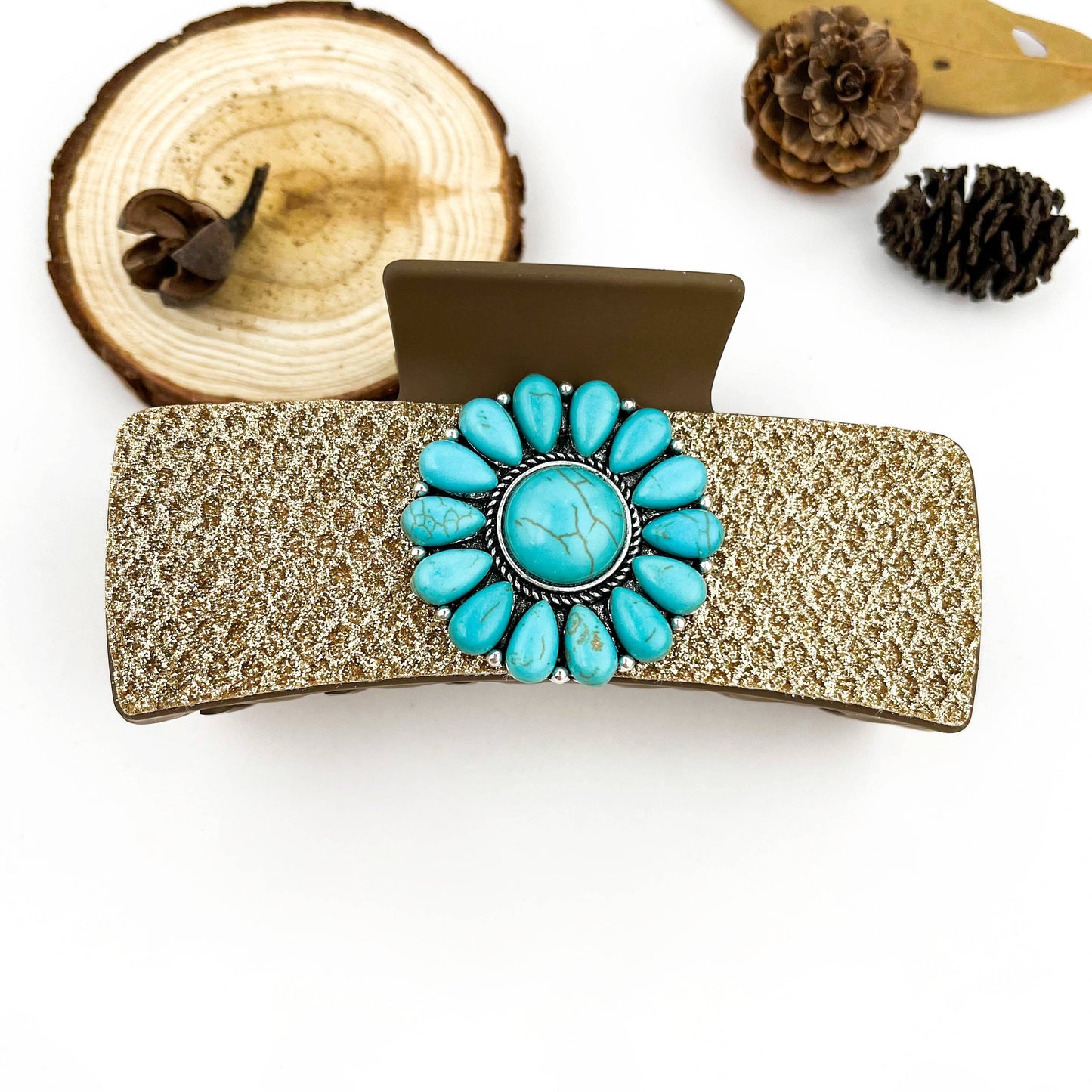 Boho Turquoise Floral PU Rectangle Hair Claw Clip - B