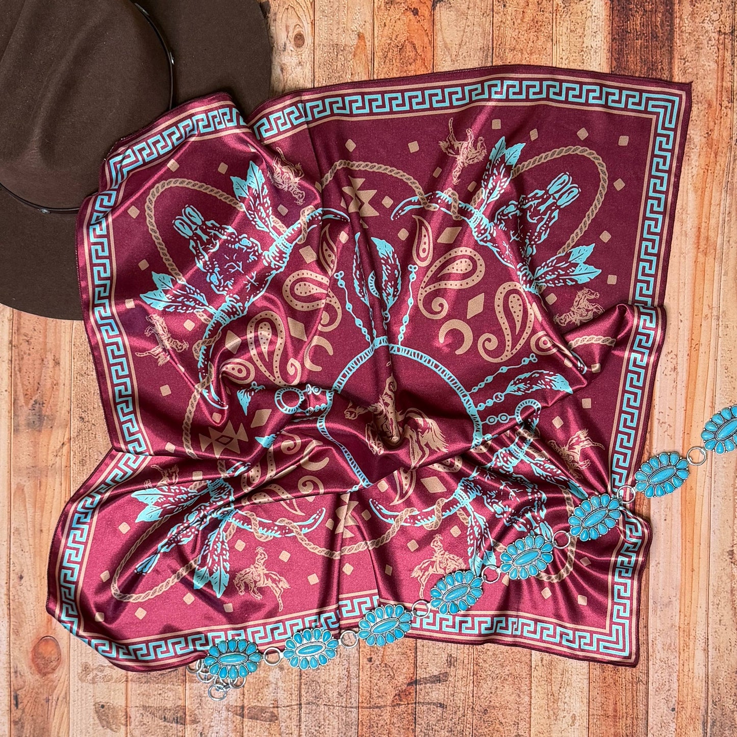 LONGHORN BRONCO PRINT SQUARE SILK WILD RAG 36X36 - Burgundy/Turquoise