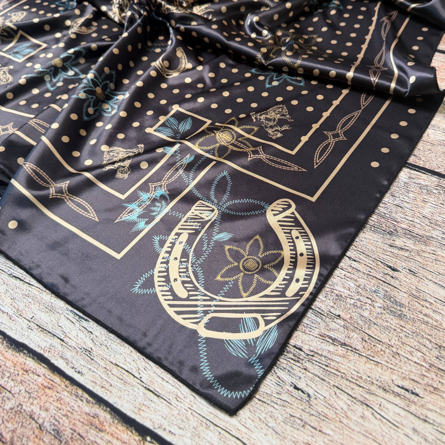 POLKA DOT BRONCO PRINT SILK SCARF 36X36 - Black/Khaki