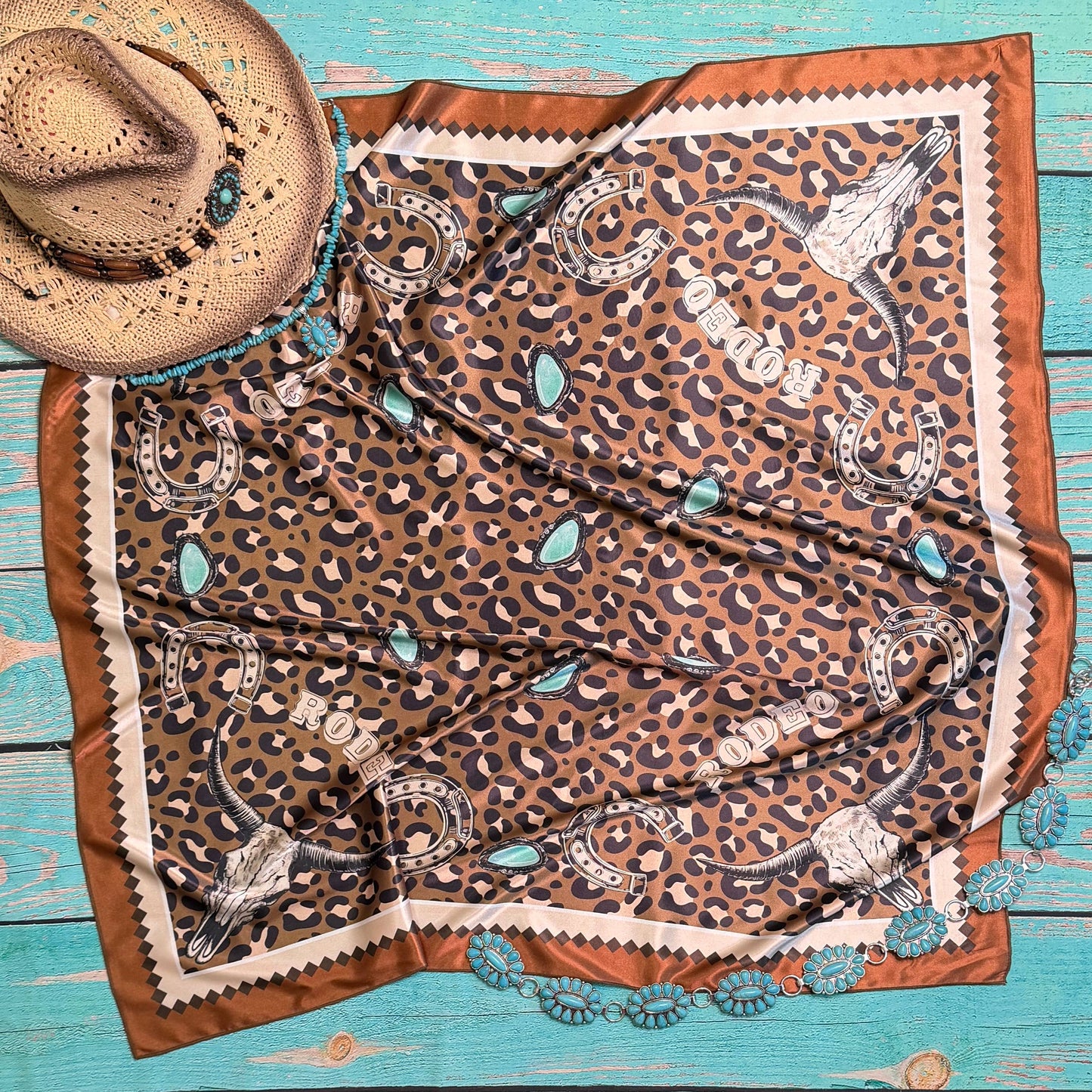 WESTERN RODEO PRINT SILK SCARF 36X36 - Mocha/Turquoise