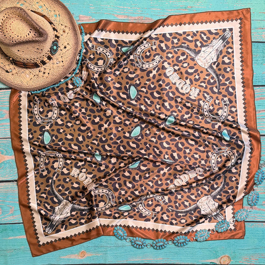 WESTERN RODEO PRINT SILK SCARF 36X36 - Mocha/Turquoise