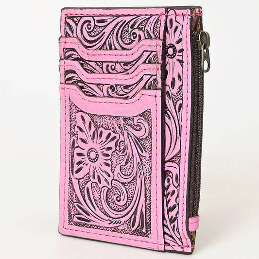 American Darling Pink Western Leather Card Holder Bag with Hand-Tooled Floral Carving - ADBG1506C