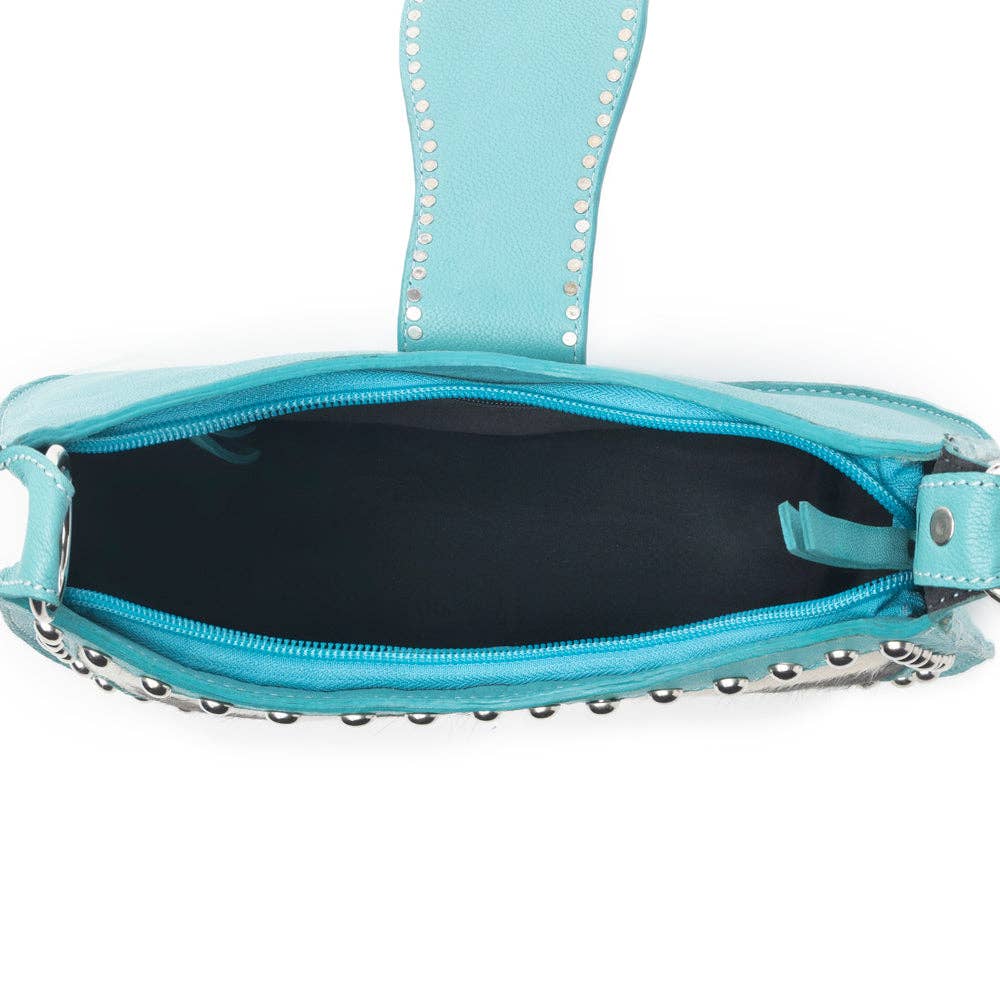 Myra Bag - Santa Fe Handtooled Bag for Women in Turquoise with hairon and studded detail - Turquoise