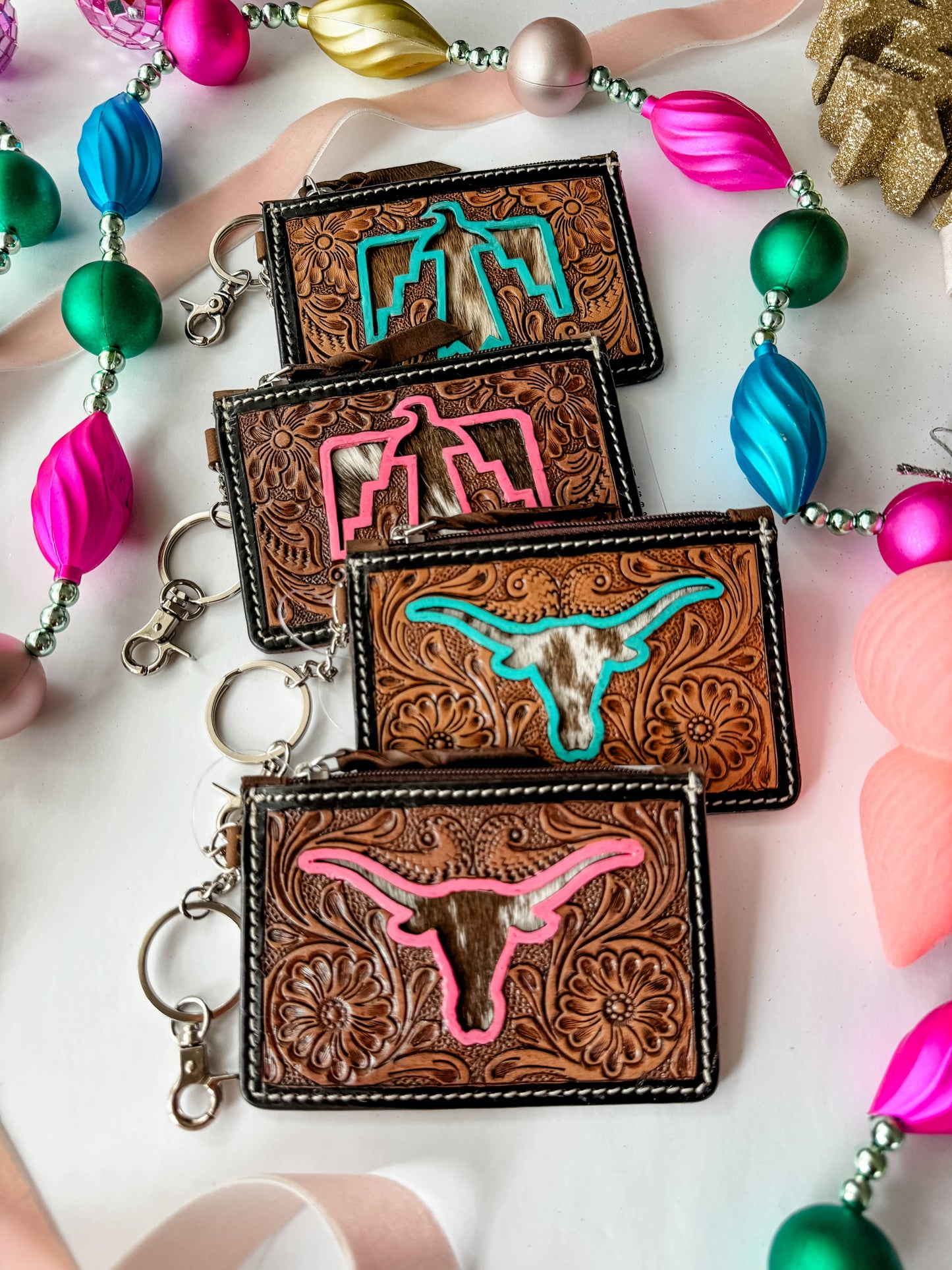 Boho Ranch Shop - Tooled Leather Keychain Wallet Thunderbird Longhorn Bow Hat - TURQUOISE COWBOY HAT
