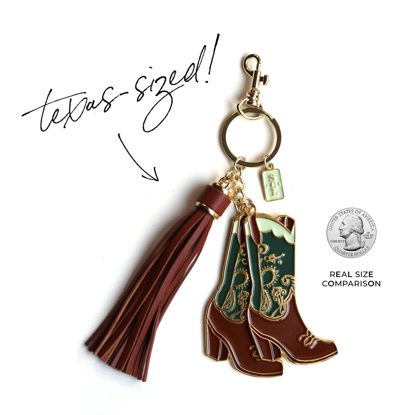 Sophisticated Country Lady - Emerald Paisley Cowgirl Boots Enamel Keychain Bag Charm - Hanging Card