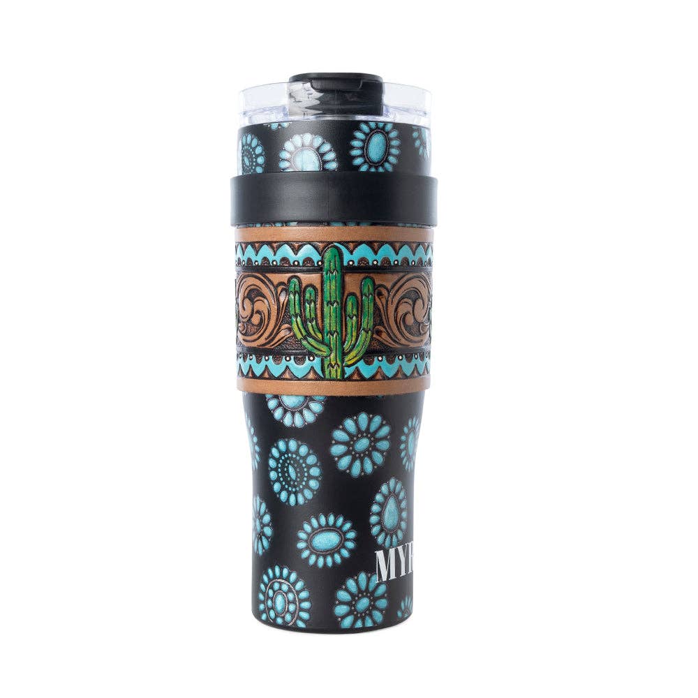 Myra Bag - Concho Crest Western Tooled Tumbler in Black Stainless Steel with Leather Wrap and Handle - WITH TOOLING