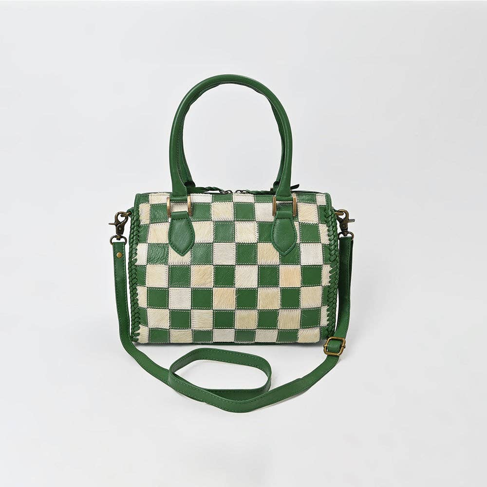 LS Western - Hair-On Hide Satchel Bag for Women Checkered Leather Handbag - ADBGM860B
