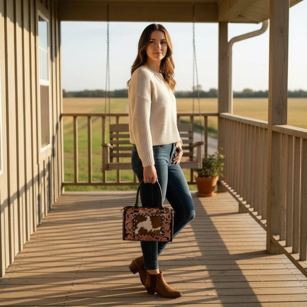 Genuine Western Leather Speedy Barrel Bag with Cowhide and Tooled leather
