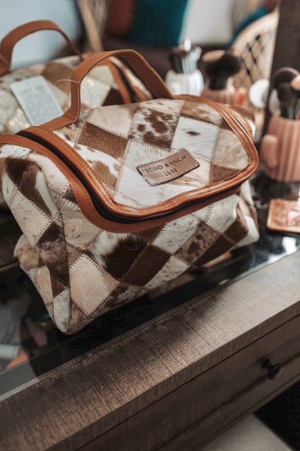Boho Ranch Shop - BOHO LUXE TOILETRY bag Genuine Hair On travel storage  - Tan Leather
