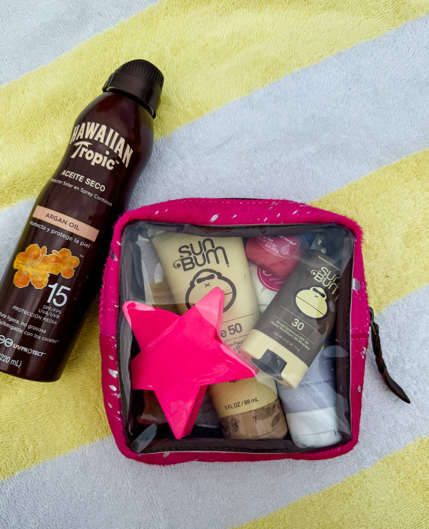 Boho Ranch Shop - Cowhide Cosmetic Clear Case - Toiletry Makeup Travel Bag - LEOPARD + RAINBOW SPECS
