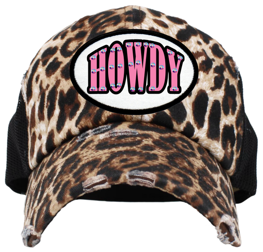 Howdy Oval Rhinestone Patch Cap  - Leopard Trucker