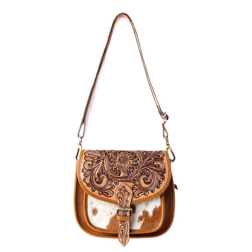 Myra Bag - Goldrush Saddle handtooled Bag for Women in saddle tan with hair-on detail - Saddle Tan