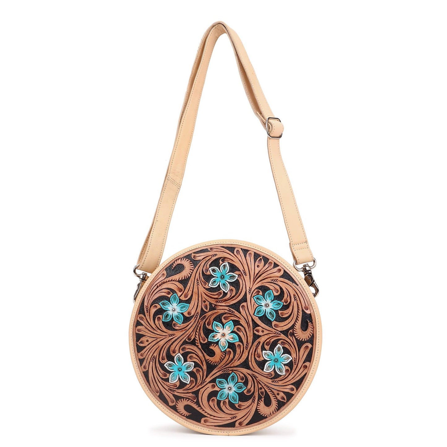 Leather Cowhide Western Hand Tooled Women's Round Crossbody - Free Bird Hand Tooled with Tan White Cowhide Inlay.