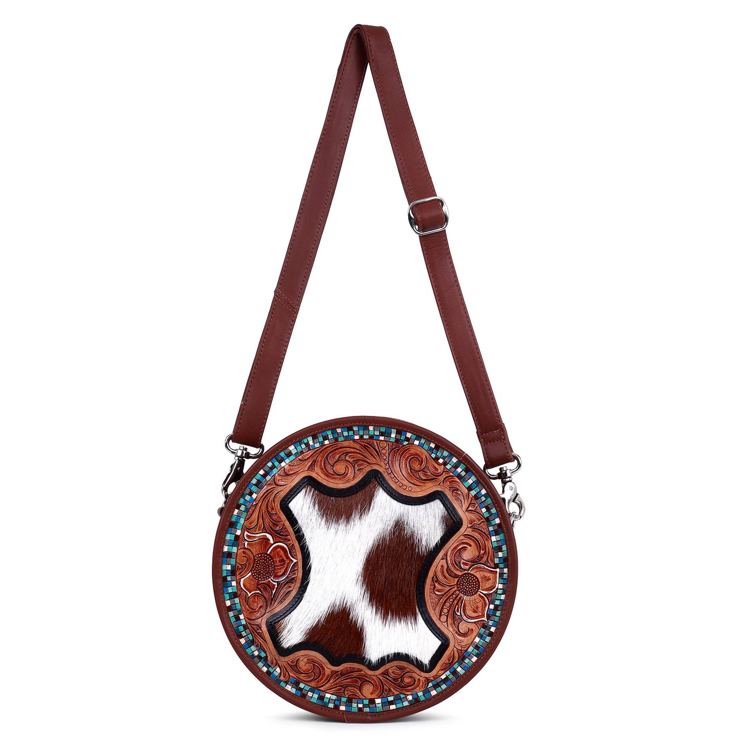 Leather Cowhide Western Hand Tooled Women's Round Crossbody - Free Bird Hand Tooled with Tan White Cowhide Inlay.