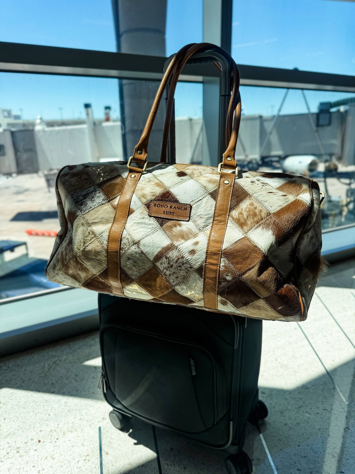 Boho Ranch Shop - BOHO LUXE DUFFLE Weekender Leather HairOn Cowhide Travel Bag - Brown +White Cowhide