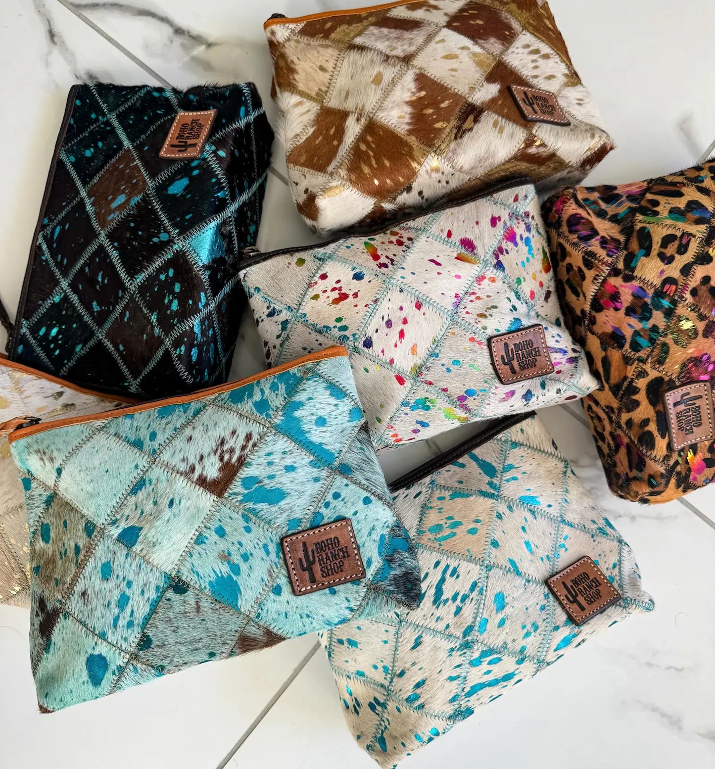 Boho Ranch Shop - Checkered Western Cowhide Makeup Bag Travel - LEOPARD + RAINBOW