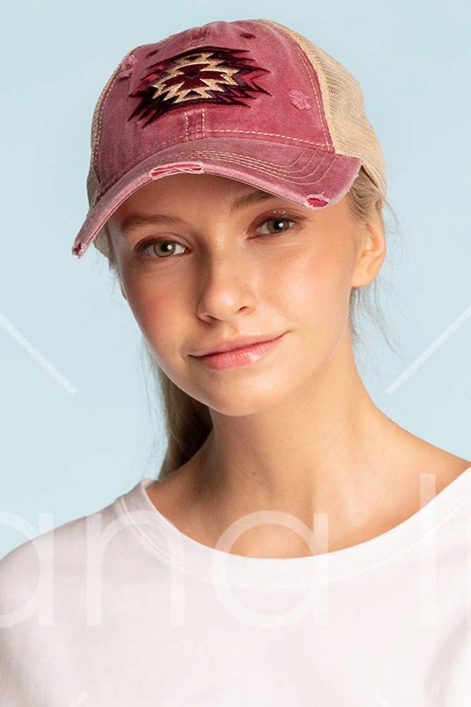 Hana - C.C Aztec Patch Embroidery Mesh Pony Cap - Black