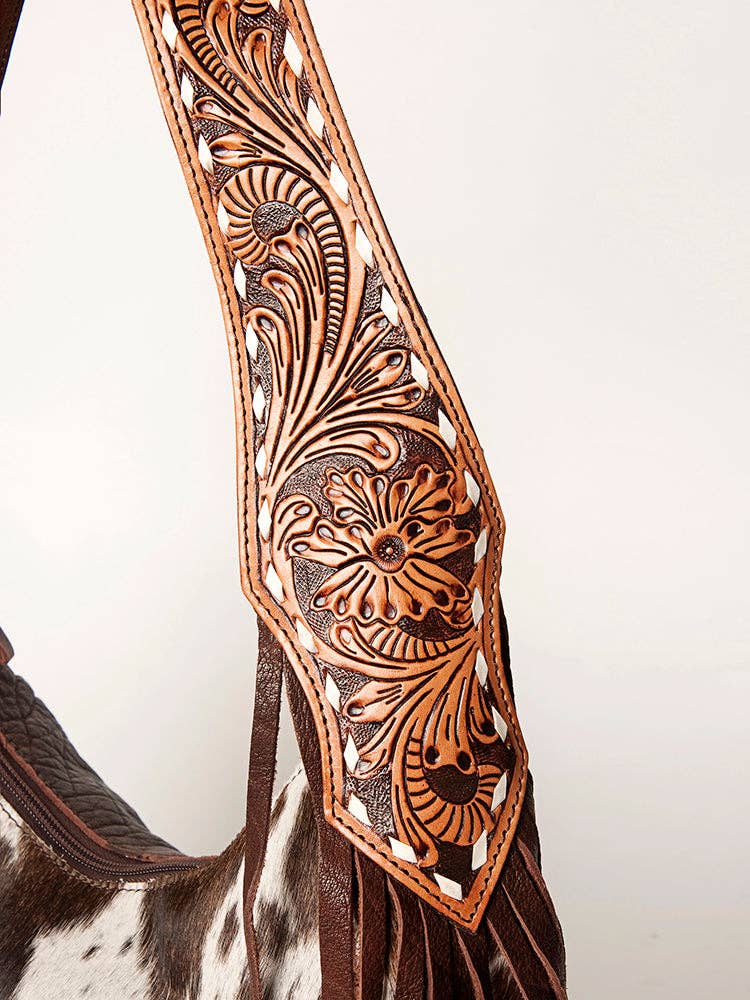 LS Western - ADBGA214 American Darling Cowhide & Tooled Leather Fringe Hobo Shoulder Handbag - ADBGA214C