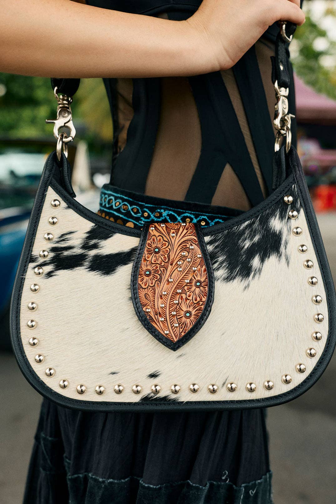 Myra Bag - Santa Fe Handtooled Bag for Women in Black with hairon and studded detail - Black