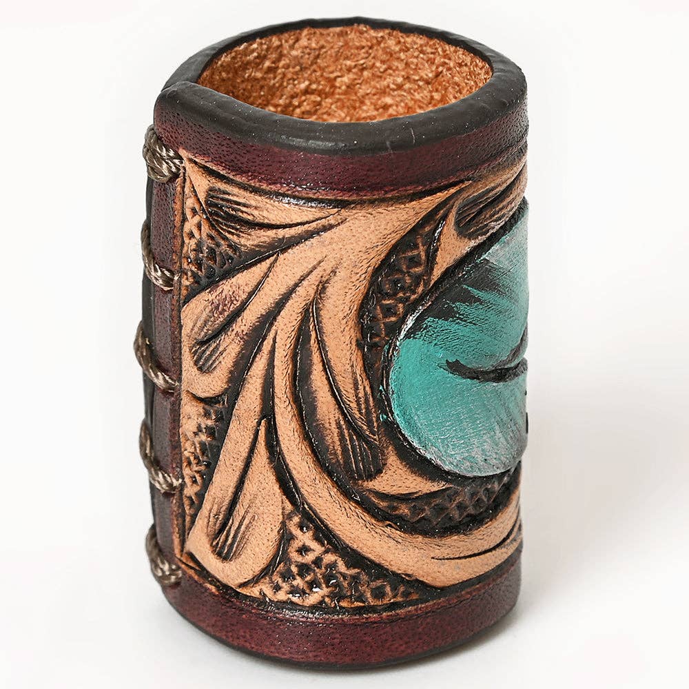 LS Western - Hand Tooled Leather Scarf Ring Vegetable-Tanned Scarf Slide - ADSRG104F