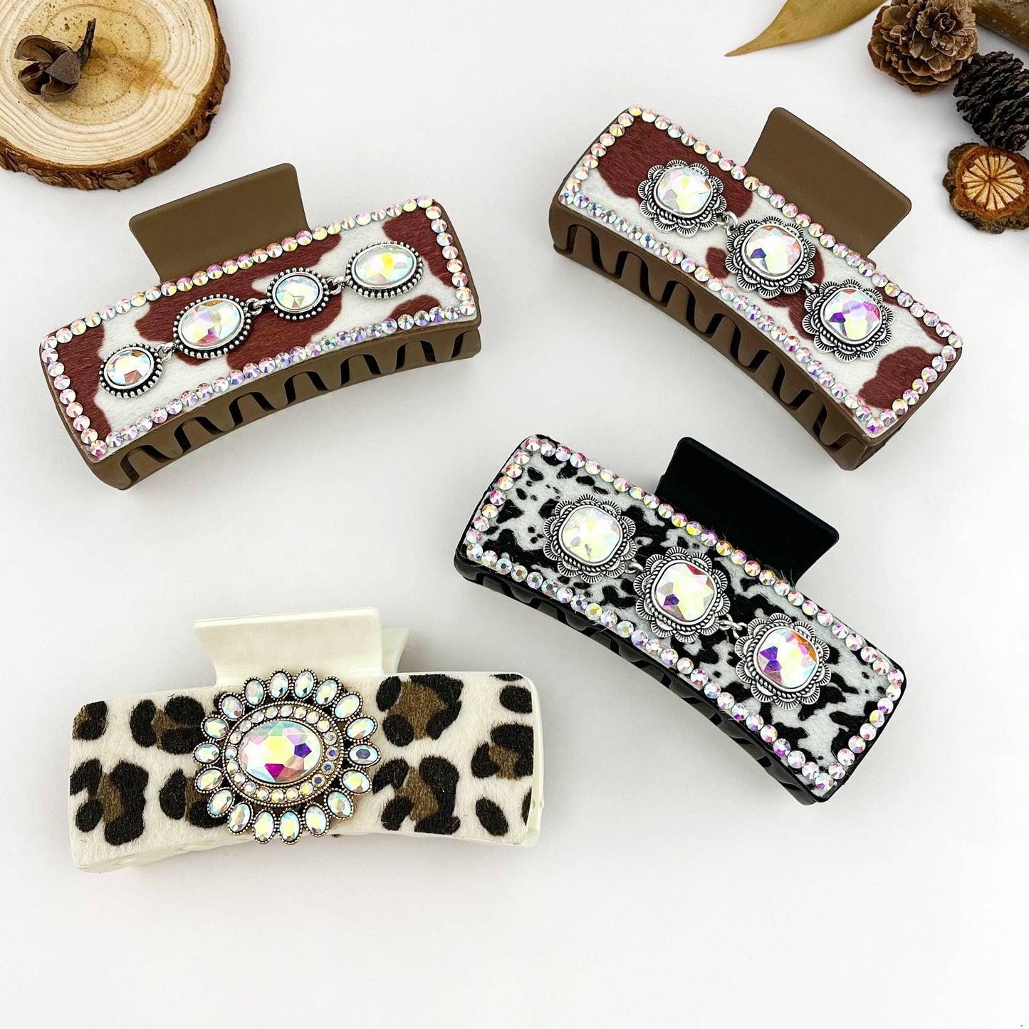 mildstyles - Vintage Western Cowboy Cow Print Rhinestone Hair Claw Clip - A