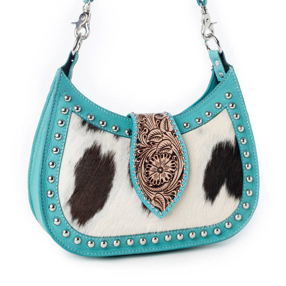 Myra Bag - Santa Fe Handtooled Bag for Women in Turquoise with hairon and studded detail - Turquoise