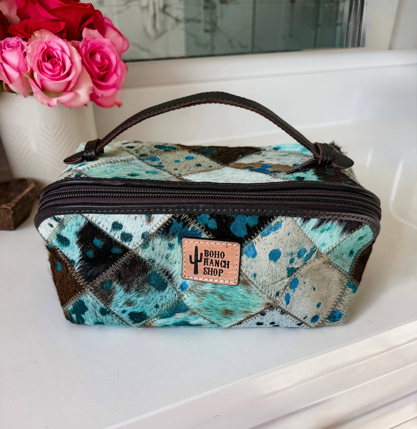 Boho Ranch Shop - Ella Cowhide Makeup Bag Leather Cosmetic Diagonal Opening - WHITE + PINK SPECS