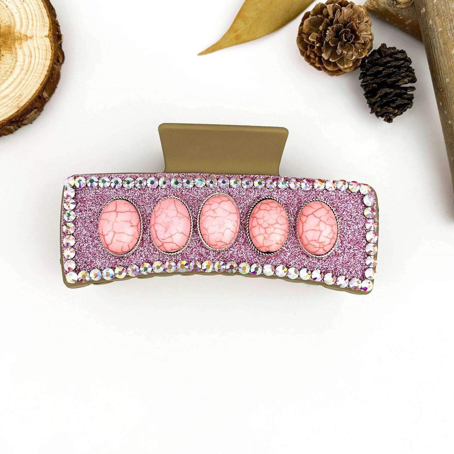 mildstyles - Boho Turquoise Pink Leather Rectangle Hair Claw Clip - A