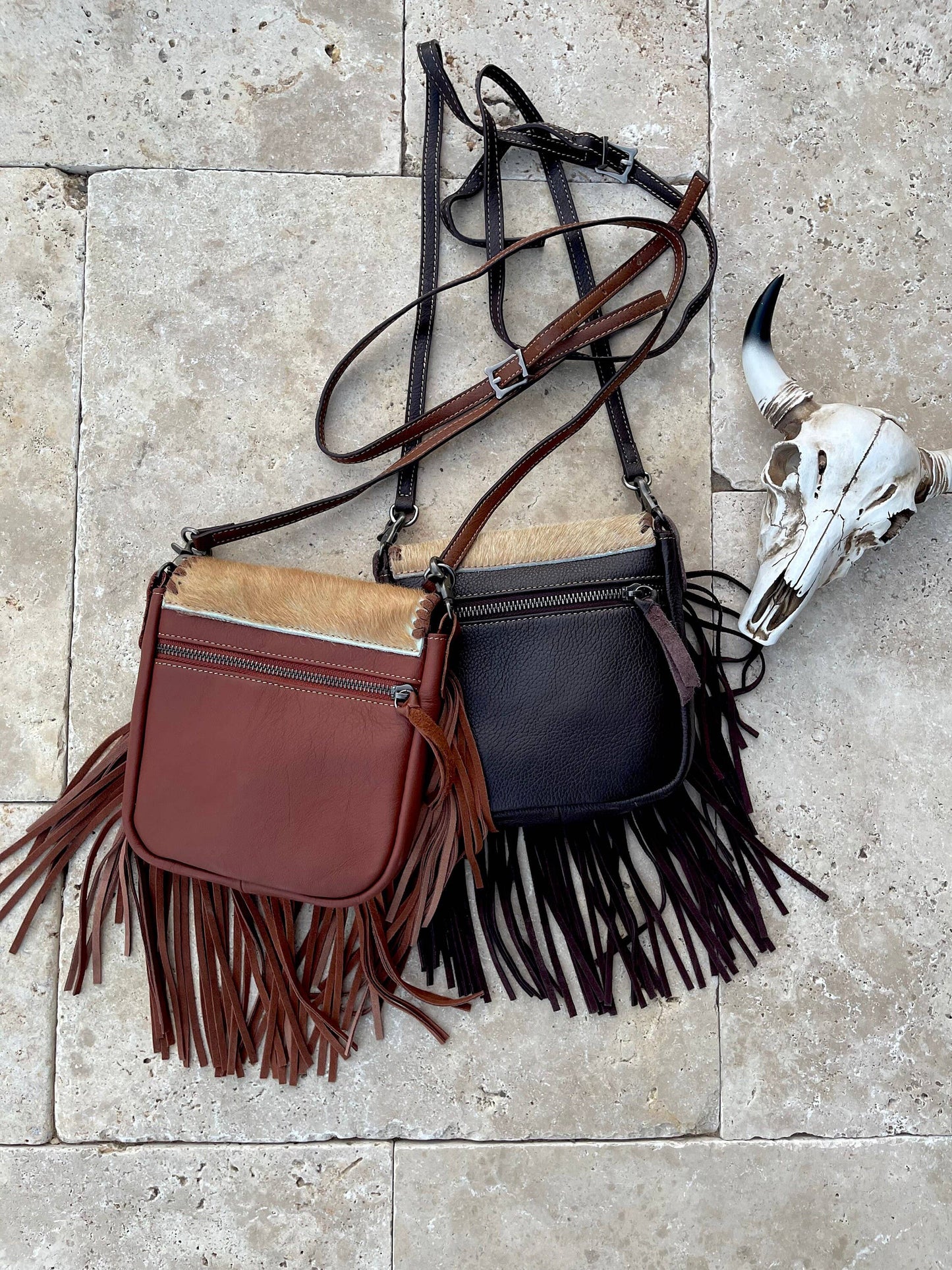 Boho Ranch Shop - The Kylie Crossbody - Genuine Hairon Cowhide - BROWN + TURQUOISE SPECS