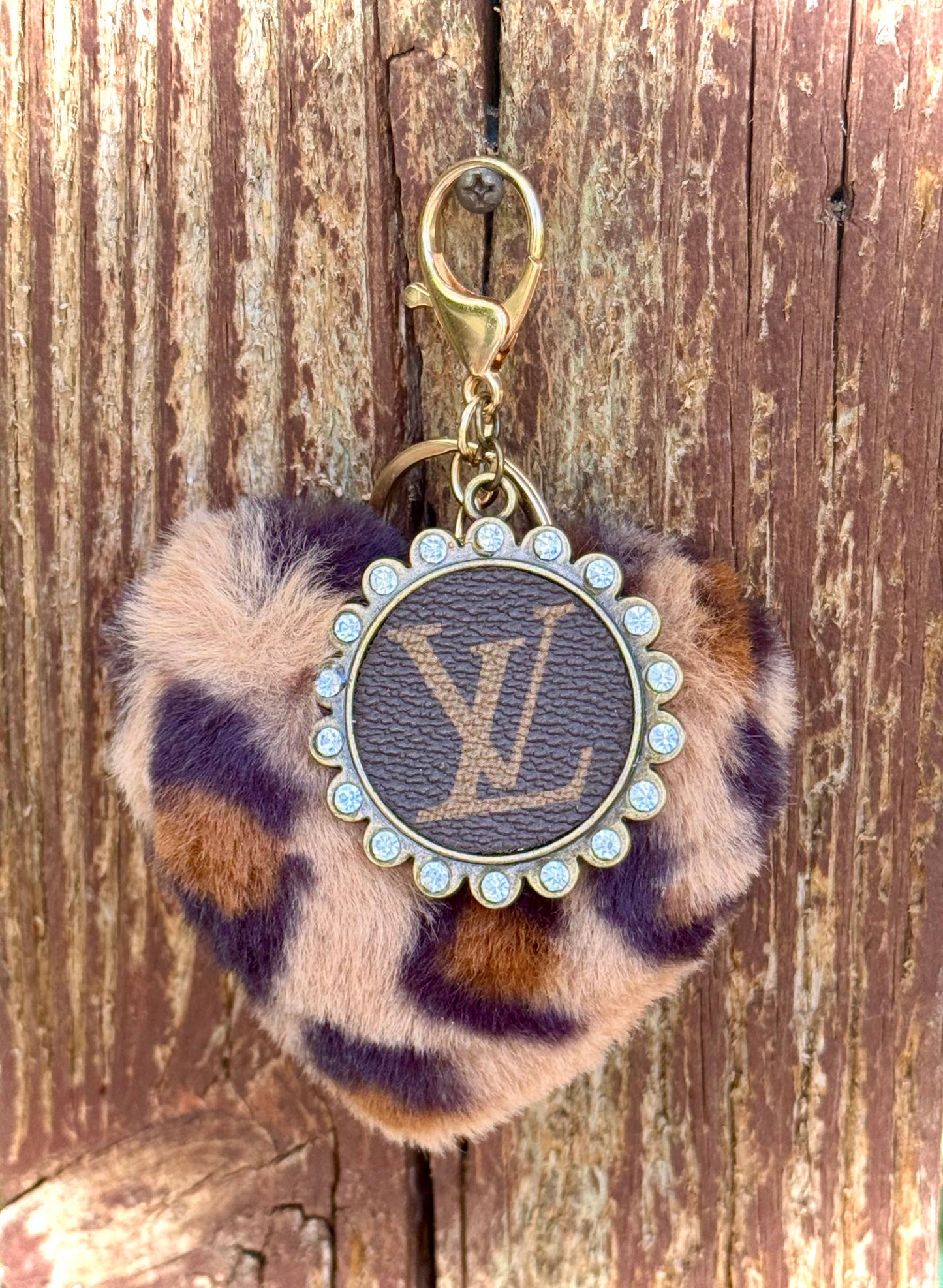 Southern Junkie Gypsy Boutique - Upcycled LV Leopard Heart Keychain Bag Charm Fuzzy 