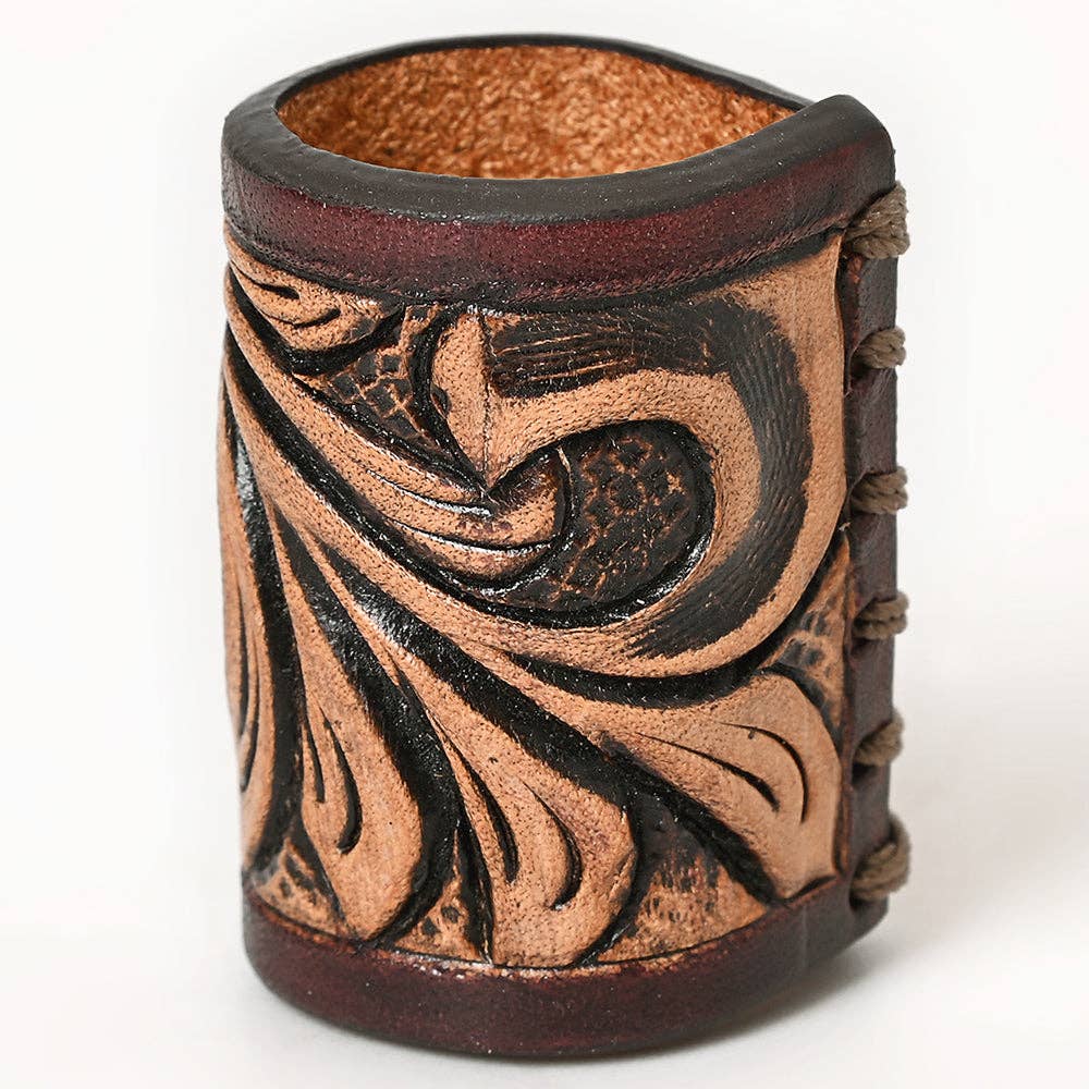 LS Western - Hand Tooled Leather Scarf Ring Vegetable-Tanned Scarf Slide - ADSRG104H