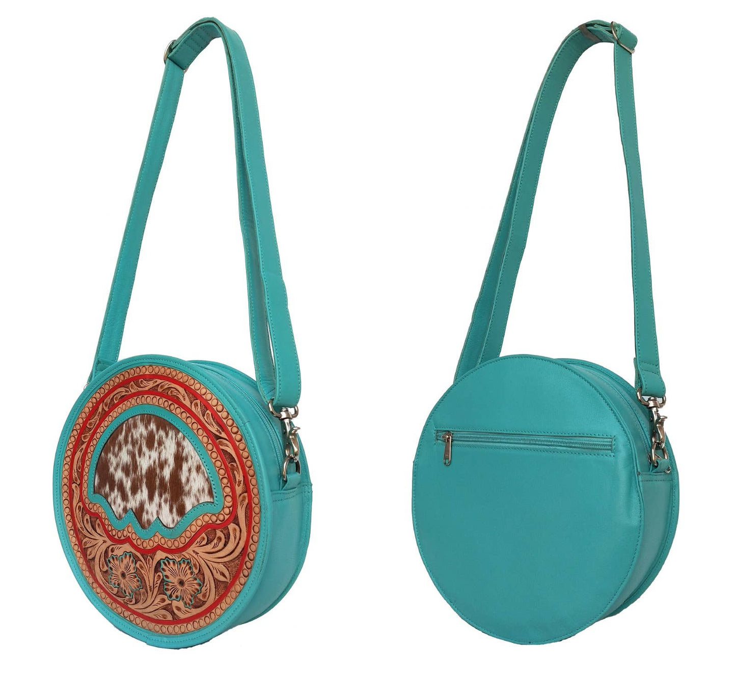 Leather Cowhide Western Hand Tooled Women's Round Crossbody - Free Bird Hand Tooled with Tan White Cowhide Inlay.