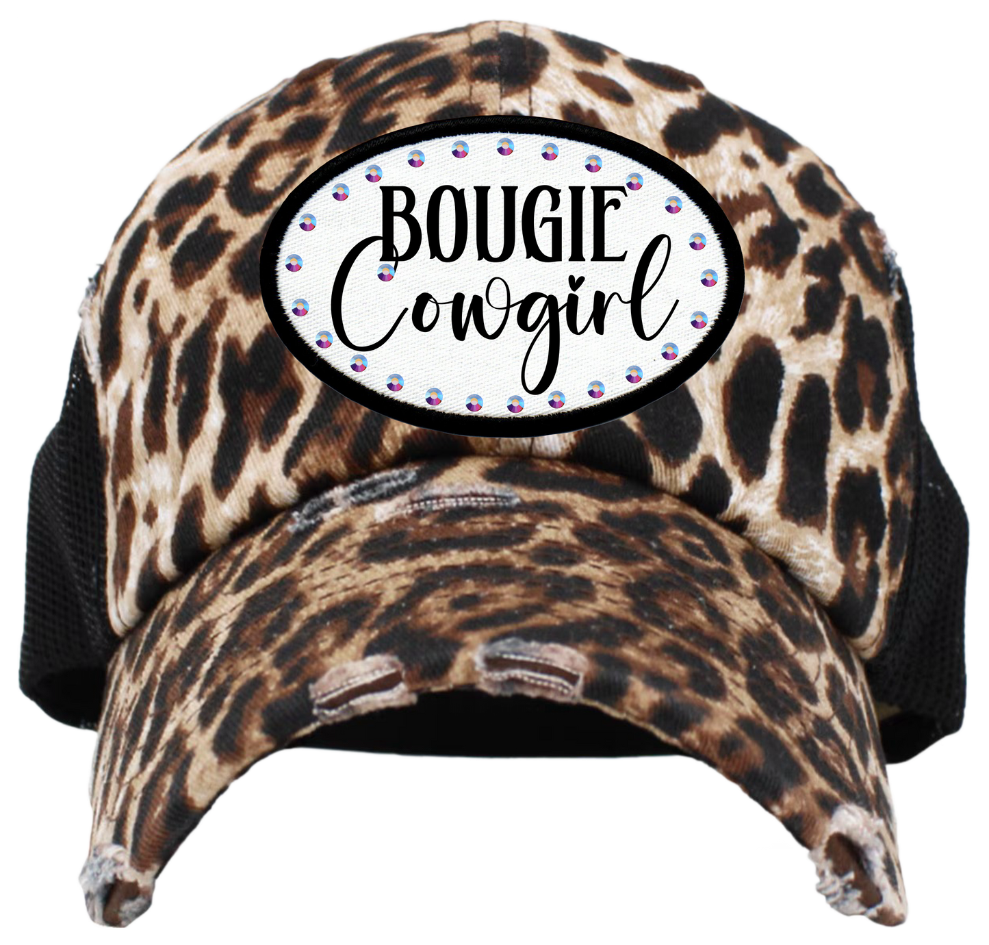 Bougie Cowgirl Blingy Rhinestone Patch Caps  - Leopard Trucker